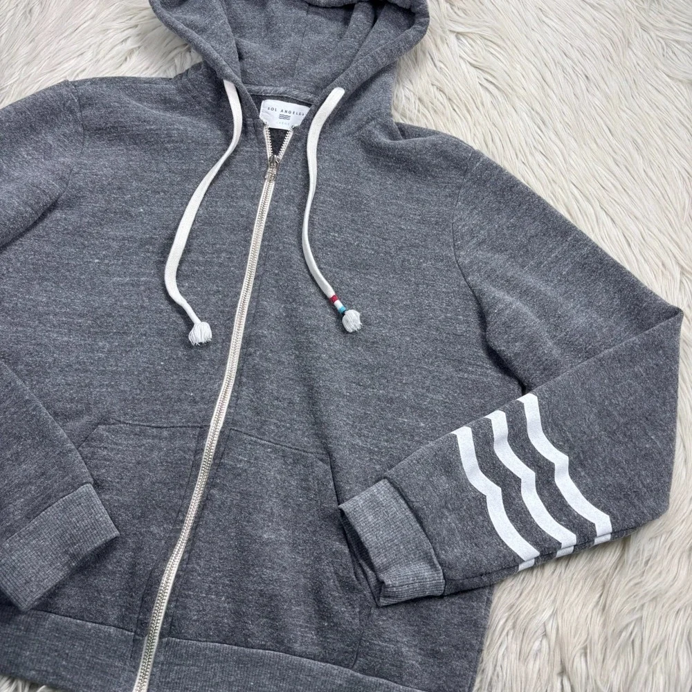 Sol Angeles Women's L Gray Striped Arm Zip Hoodie Athleisure Preppy Sporty - Picture 2 of 6